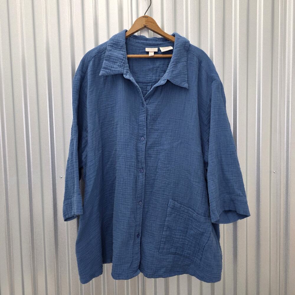 LOGO Lori Goldstein Beach to Street Blue Gauzy Cotton Button Up Top Sz 3X Summer